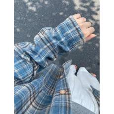 批发小矮个子145复古蓝色格子衬<b class='q'>衫</b>上衣女150韩版polo领开<b class='q'>衫</b>外套xs码春