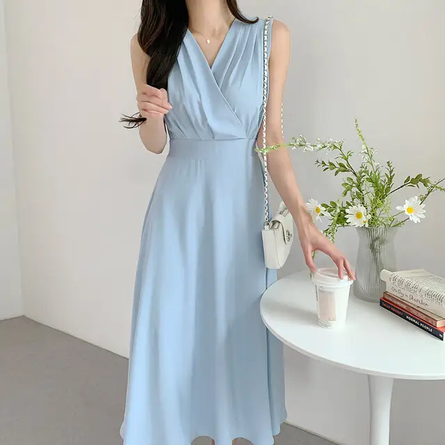 프렌치 스타일 V넥 주름 디테일 민소매 원피스 상세 이미지 2