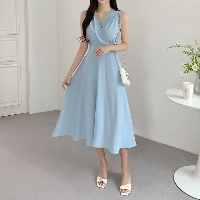프렌치 스타일 V넥 주름 디테일 민소매 원피스 상세 이미지 3