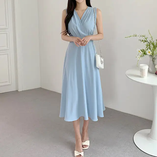 프렌치 스타일 V넥 주름 디테일 민소매 원피스 상세 이미지 5
