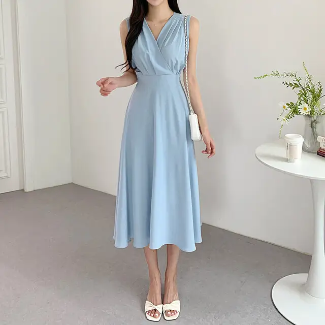 프렌치 스타일 V넥 주름 디테일 민소매 원피스 상세 이미지 6