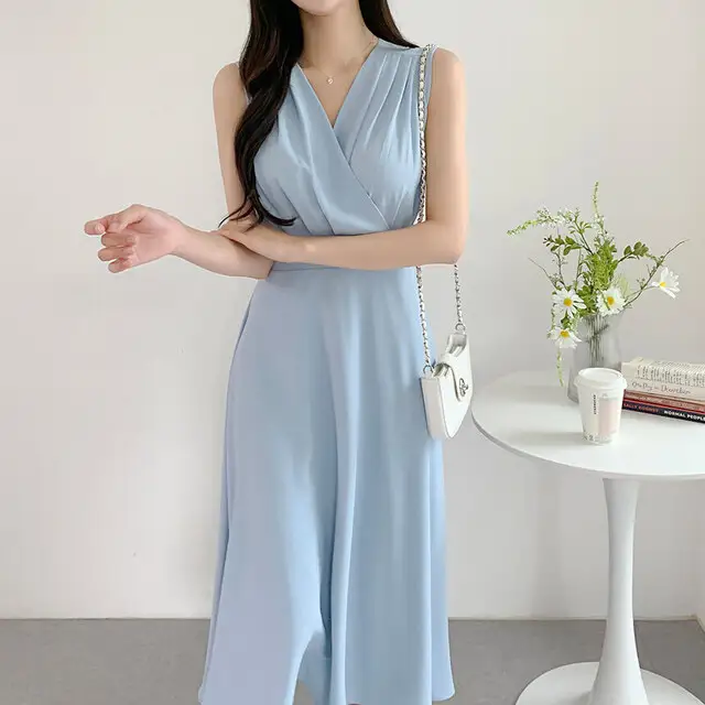 프렌치 스타일 V넥 주름 디테일 민소매 원피스 상세 이미지 7