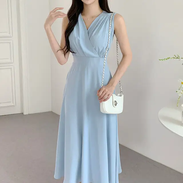 프렌치 스타일 V넥 주름 디테일 민소매 원피스 상세 이미지 8