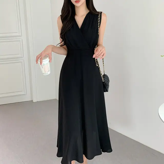 프렌치 스타일 V넥 주름 디테일 민소매 원피스 상세 이미지 15