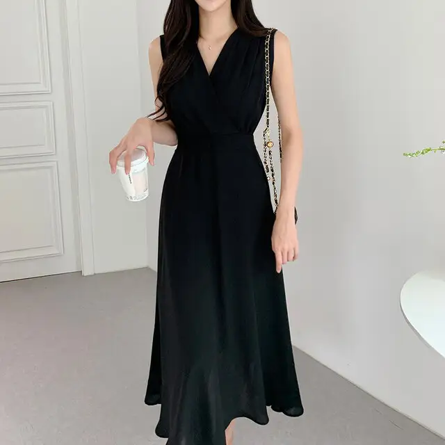 프렌치 스타일 V넥 주름 디테일 민소매 원피스 상세 이미지 16