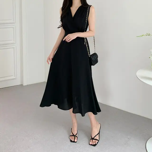 프렌치 스타일 V넥 주름 디테일 민소매 원피스 상세 이미지 19