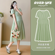 批发实拍#<b class='q'>孕妇</b><b class='q'>连衣裙</b>夏季2026新款高级感法式V领短袖提花A字裙中长款