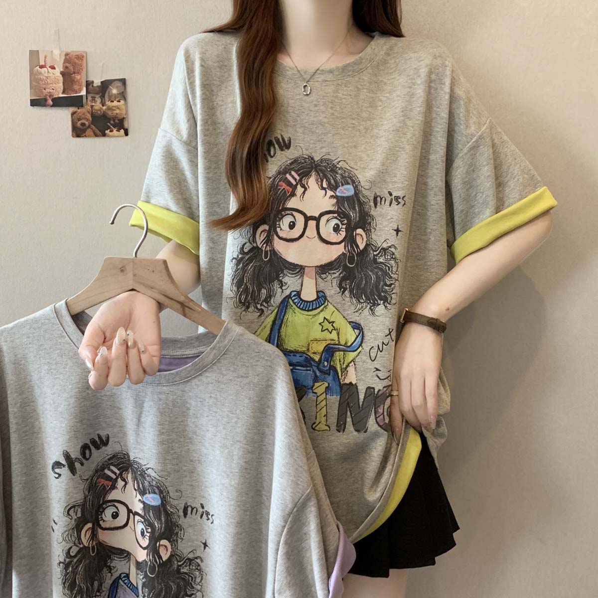 MY5644# 夏新款正肩拼色印花可爱卡通百搭T恤女大码宽松休闲上衣女裝貨源服裝批發
