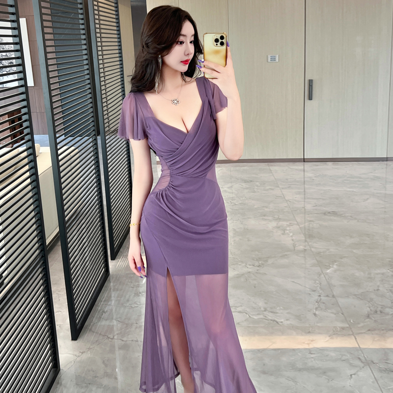 FA36783# 新款辣妹性感网纱低胸V领短袖连衣裙设计感小众修身包臀长裙 服裝批發女裝批發服飾貨源