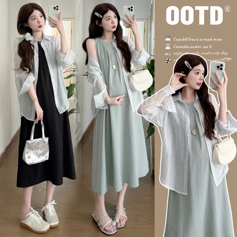 실사 2026 새로운 봄 여름 드레스 세트 한국 스타일 패션 루즈핏 자외선 차단 오픈 가디건 조끼 원피스 투피스 세트