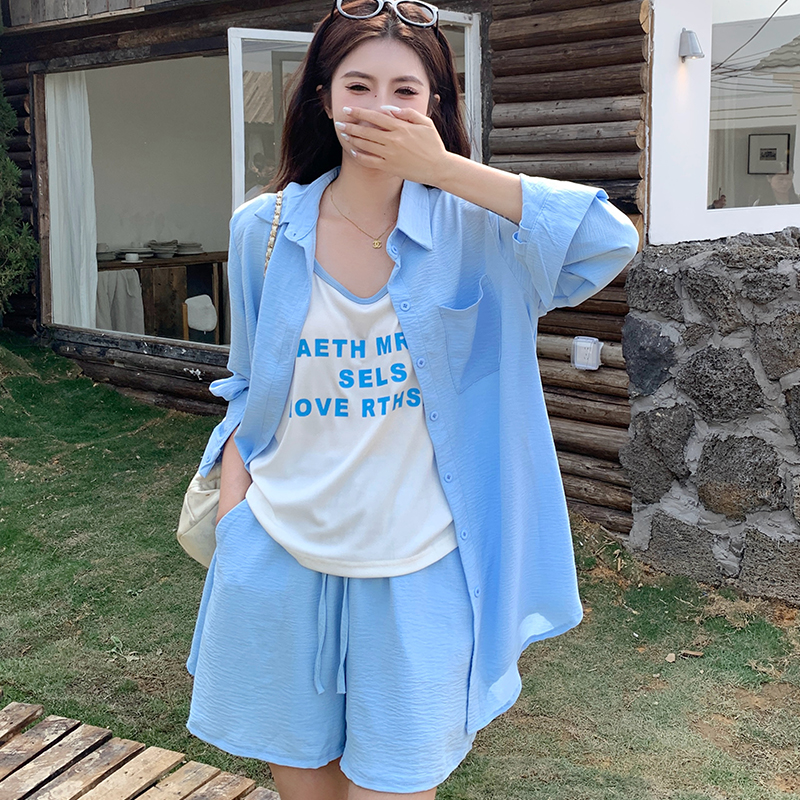 FA33332# 大码胖mm显瘦运动风短裤粉色防晒外套休闲套装女夏 服裝批發女裝批發服飾貨源