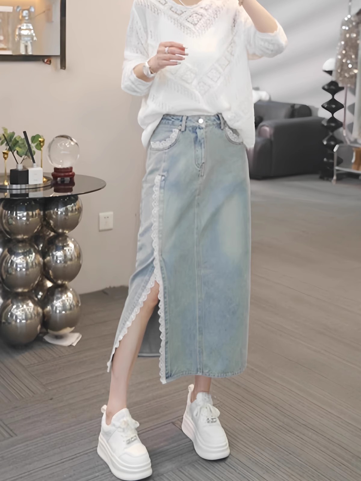 FA20776# 高腰蕾丝花边开叉牛仔半身裙女春季新款百搭设计感显瘦直筒裙 服裝批發女裝批發服飾貨源