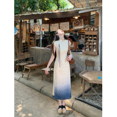 批发云水谣新中式旗袍全包边渐变改良旗袍女夏镂空刺绣连衣裙