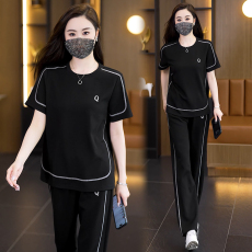 批发实拍2026<b class='q'>大码</b>女装夏新款运动休闲圆领时尚宽松显瘦上衣长裤两件套