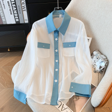 批发实拍  2026春秋季新款蓝白拼色口袋天丝长袖<b class='q'>衬衫</b>女减龄洋气上衣