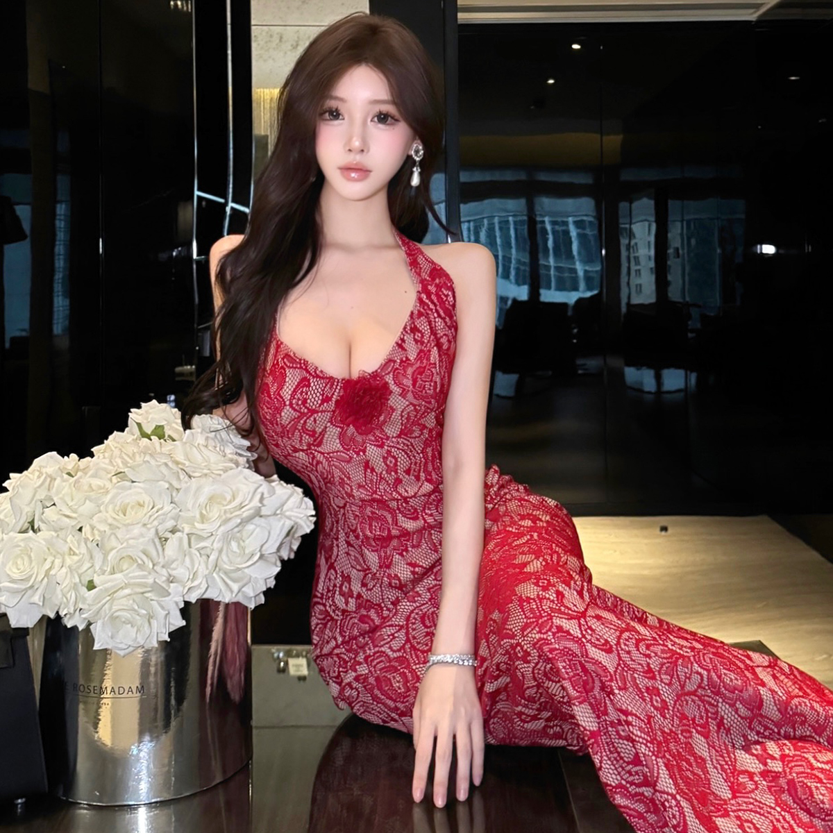 MY7895# 纯欲法式复合蕾丝拖地长裙露肩挂脖修身收腰鱼尾蕾丝连衣裙女裝貨源服裝批發