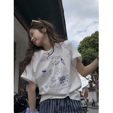 批发韩国<b class='q'>外贸</b>新款 21支纯棉210克100%棉卡通童趣字母印花短袖T恤女