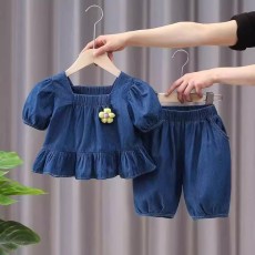 批发女童夏装套装2025新款夏季中小儿童洋气女宝宝牛仔短袖短裤两件套