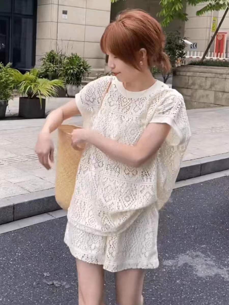 한국 스타일 패션 고급 센스 빅 사이즈 레트로 홀로우 아웃 레이스 맨위 허리밴드 홀로우 아웃 레이스 반바지 세트