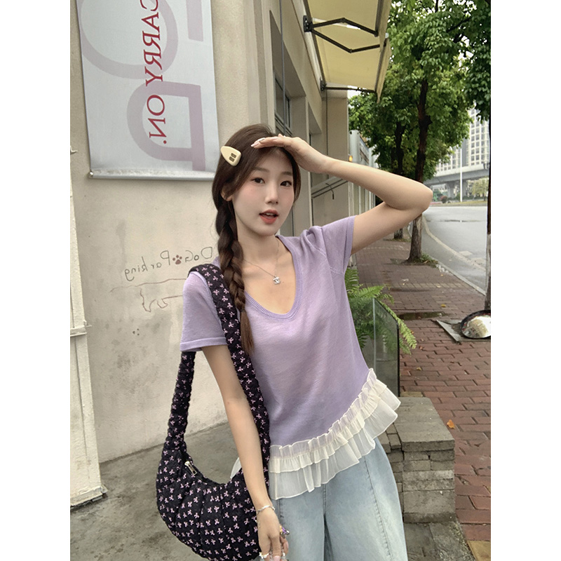 MY5787# 蕾丝拼接圆领上衣女裝貨源服裝批發