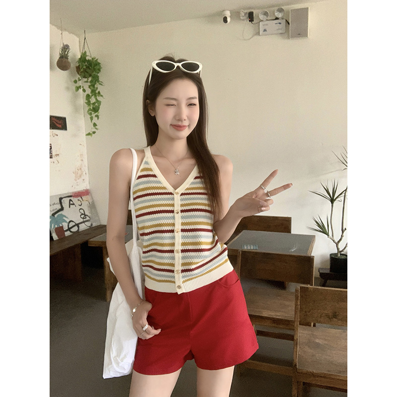 MY5788# 条纹挂脖背心女裝貨源服裝批發