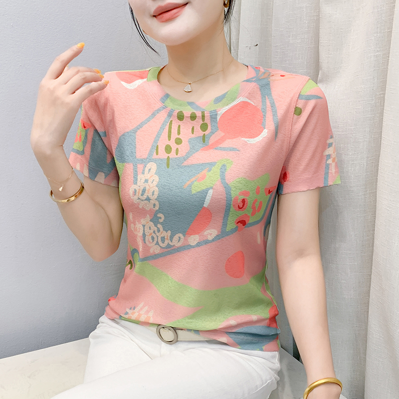 MY6903# 圆领时尚印花短袖T恤洋气轻奢打底衫夏季新款百搭休闲女装女裝貨源服裝批發