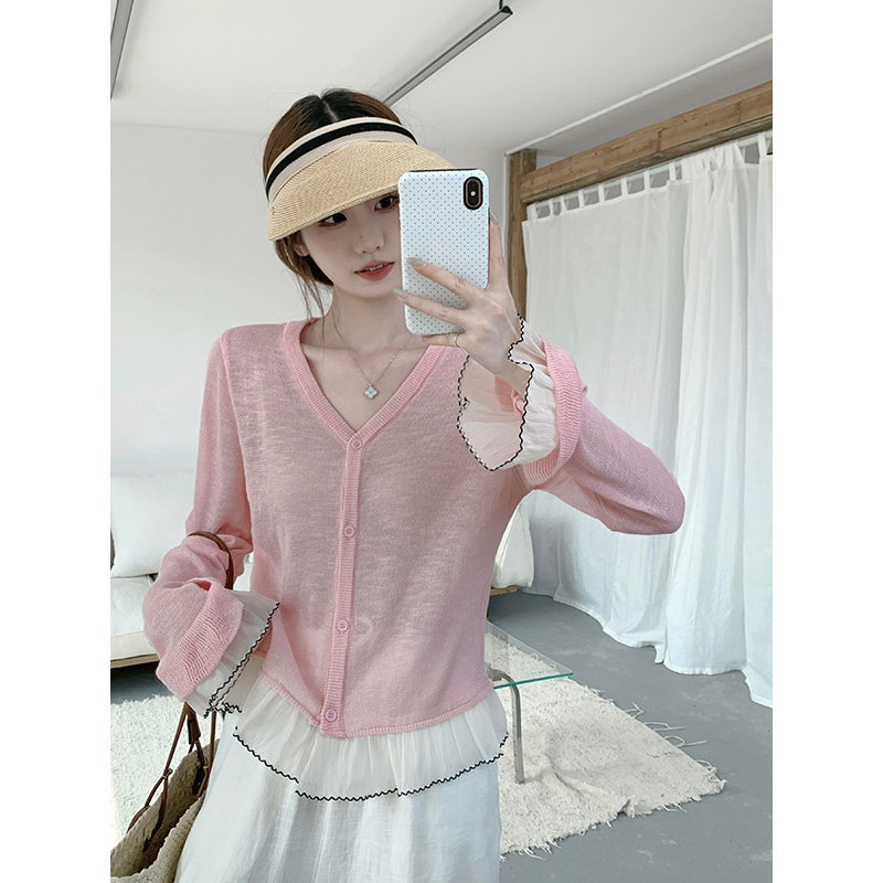 MY5786# 荷叶边V领薄款针织开衫女裝貨源服裝批發