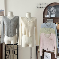 批发kumikumi甜美风立体感花朵木耳边长袖开衫女春季百搭减龄<b class='q'>短款</b>上衣