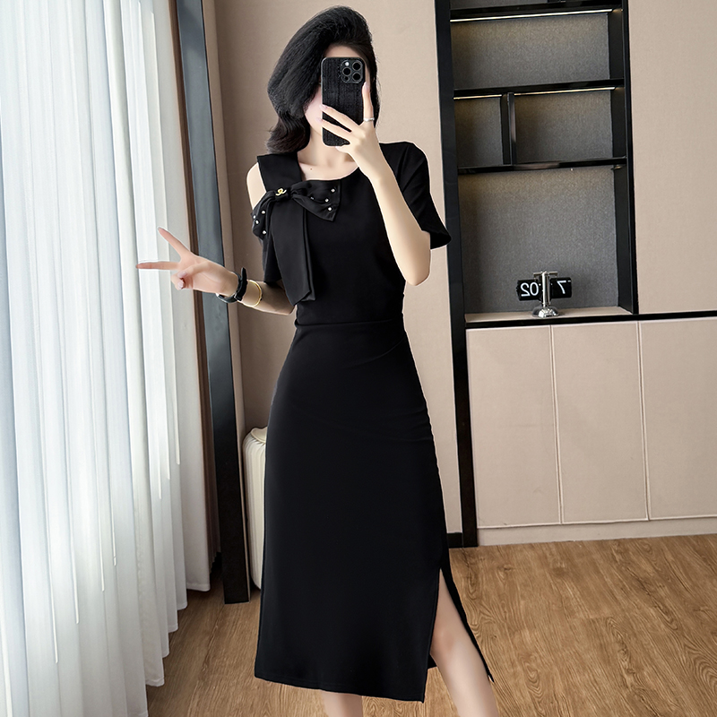 MY6699# 新款设计感露肩气质黑色连衣裙夏季高级感显瘦裙子女裝貨源服裝批發