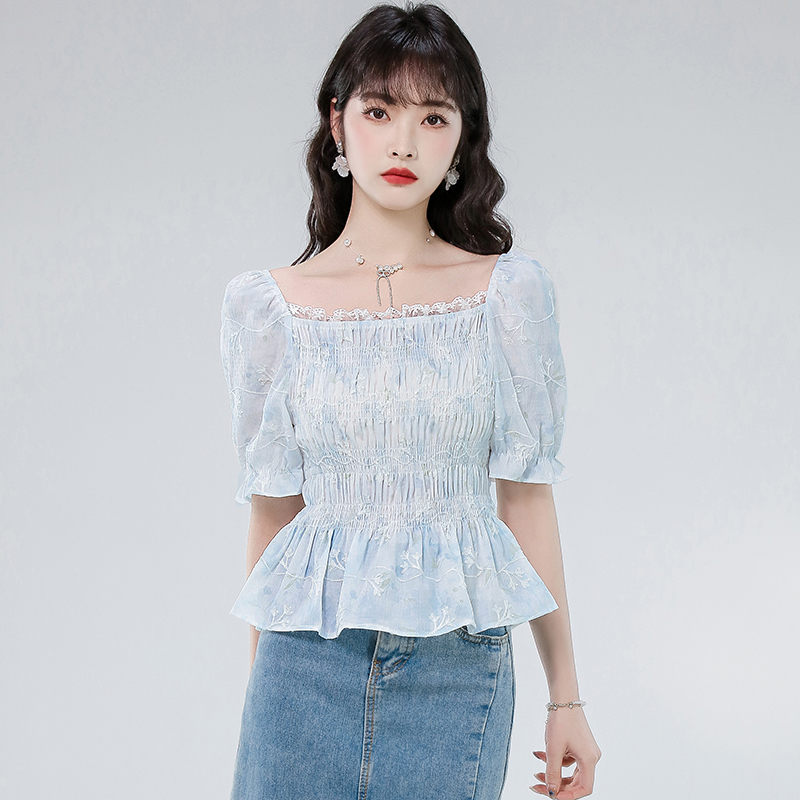 MY6102# 法式一字肩泡泡袖碎花上衣夏季新款设计感小众收腰衬衫女裝貨源服裝批發