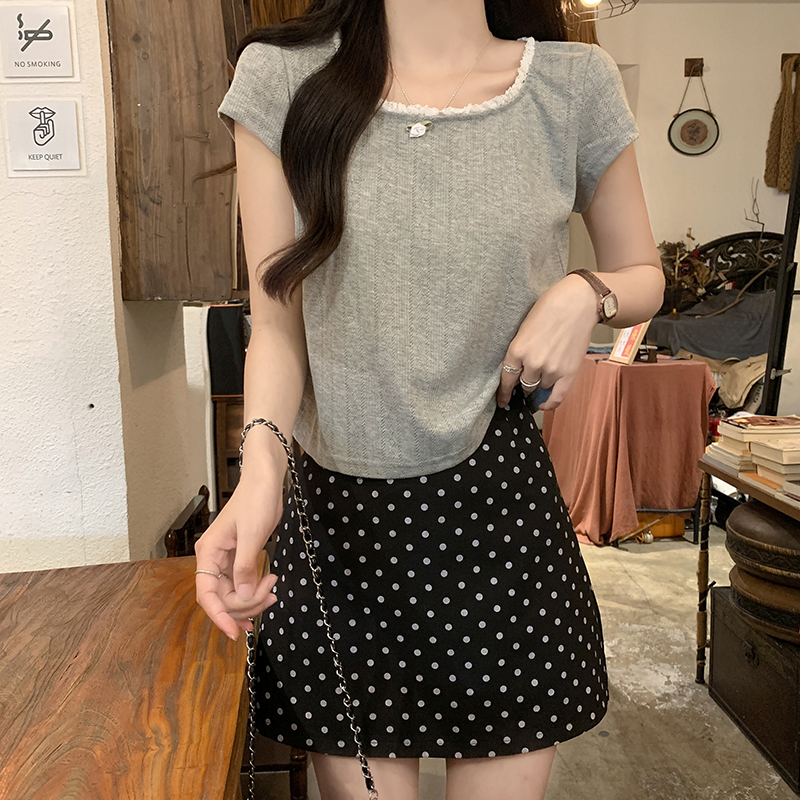 RY2874# 实拍短袖t恤夏2026潮设计感纯色正肩修身短款花边领上衣韩版女装