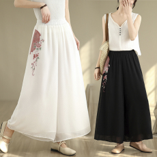 批发实拍夏季文艺绣花新中式国风双层阔腿裤松紧腰瑜伽天丝裙裤女