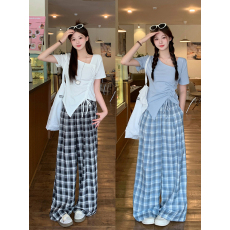 批发实拍2026夏装新款胖mm大码女<b class='q'>甜美</b>抽绳不规则上衣格子裤套装