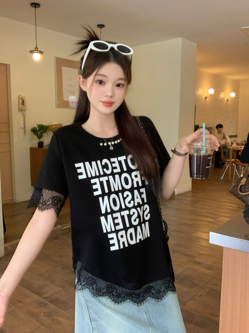 MY5566# 夏装新款胖mm大码女复古蕾丝拼接珍珠印花宽松短袖T恤女裝貨源服裝批發