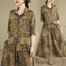 批发2025夏季文艺复古棉麻印花宽松上衣大摆半身裙套装两件套民族风