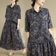 批发棉麻文艺印花宽松大码2025夏季新款大码衬衫半身裙套装两件套国风