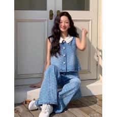 批发baby<b class='q'>杨颖</b><b class='q'>同款</b>浪漫春夏氛围感蕾丝花边牛仔马甲阔腿裤套装2025新款