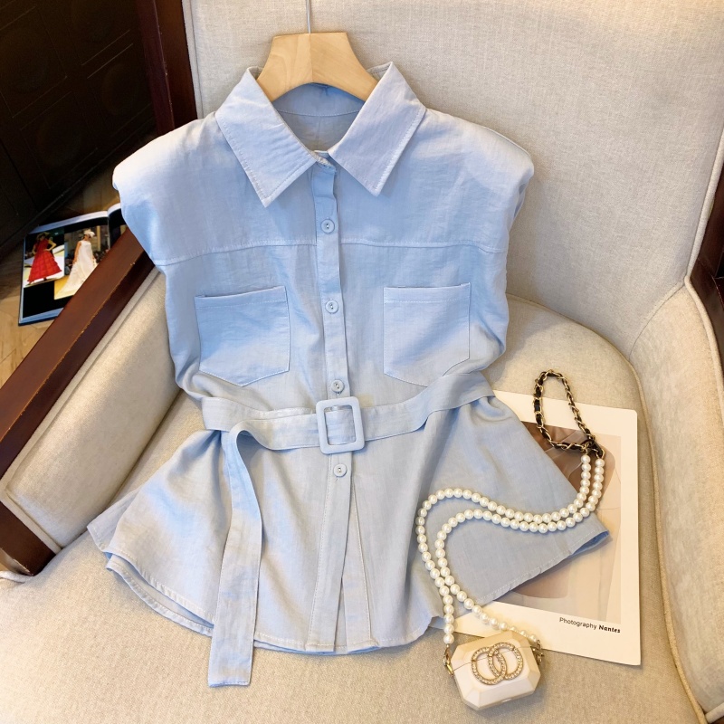 MY8528# 新款韩版气质配腰带无袖衬衣简约百搭小衫女裝貨源服裝批發