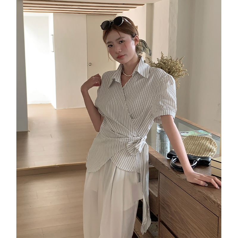 MY6446# 韩系侧边系带收腰交叉小翻领短袖衬衣女夏季条纹独特别致上衣女裝貨源服裝批發
