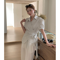 实拍韩系侧边系带收腰交叉小翻领短袖衬衣女夏季条纹独特别致上衣