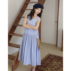 批发秒发实拍夏季新款 文艺法式<b class='q'>无袖</b>背心蓝色清新连衣裙女