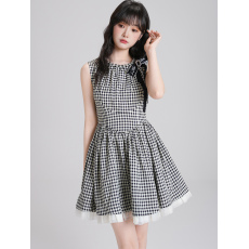 批发新款格纹<b class='q'>连衣裙</b>2026夏季<b class='q'>钉珠</b>圆领蝴蝶结背心裙收腰显瘦蓬蓬公主裙