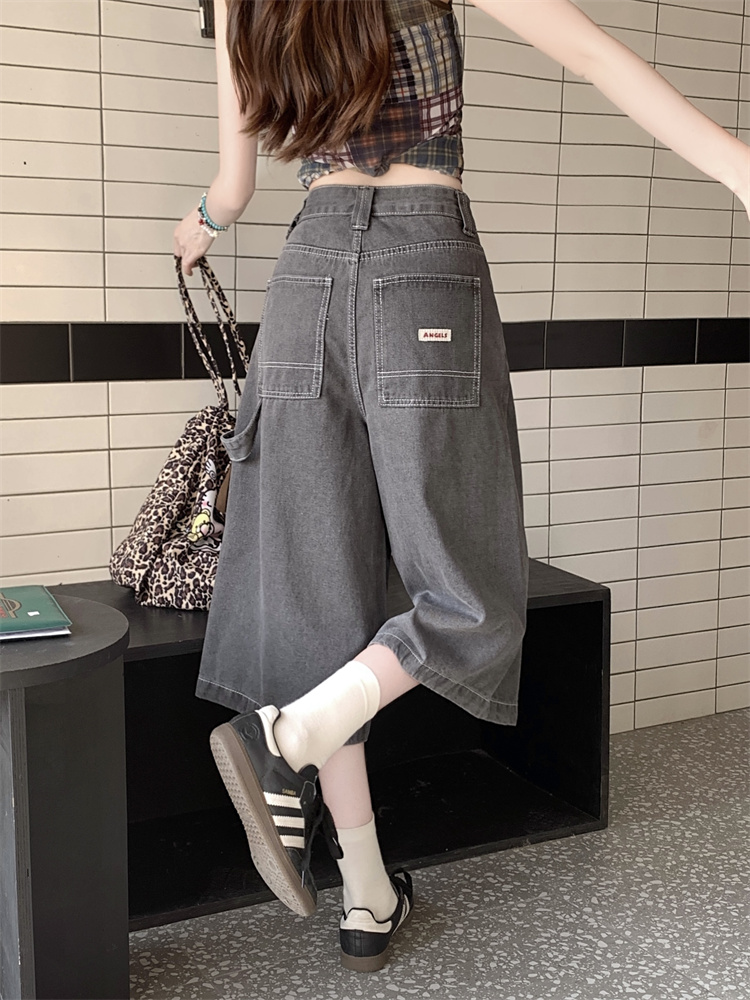 실사 빅 사이즈 레트로 워싱 스트레이트 루즈핏 데님 반바지 여성 넓은 다리 루즈핏 표지 넓적 다리 캐주얼 7 점 중 바지