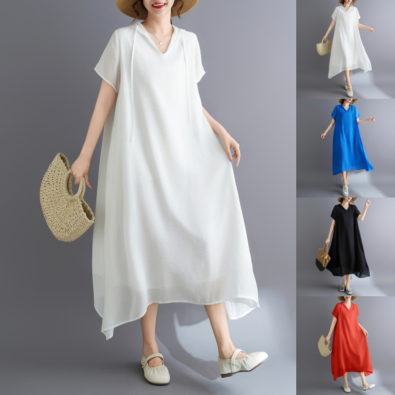 MY5610# 新款大码女旅游圆领气质真丝棉连帽连衣裙宽松显瘦女裝貨源服裝批發