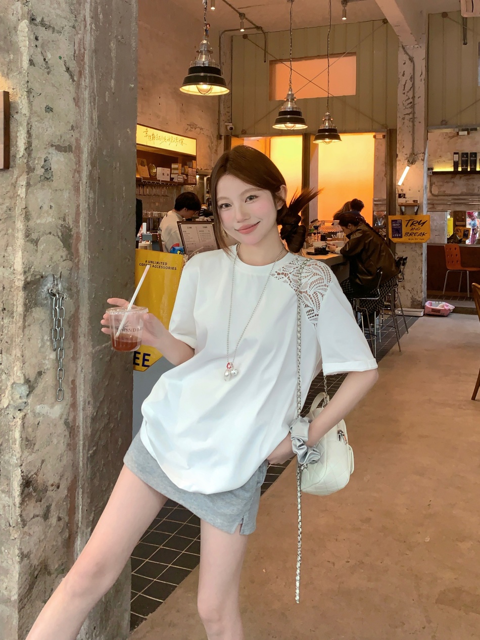 FA31789# 法式简约短袖T恤女夏重工蕾丝钩花拼接圆领宽松气质上衣