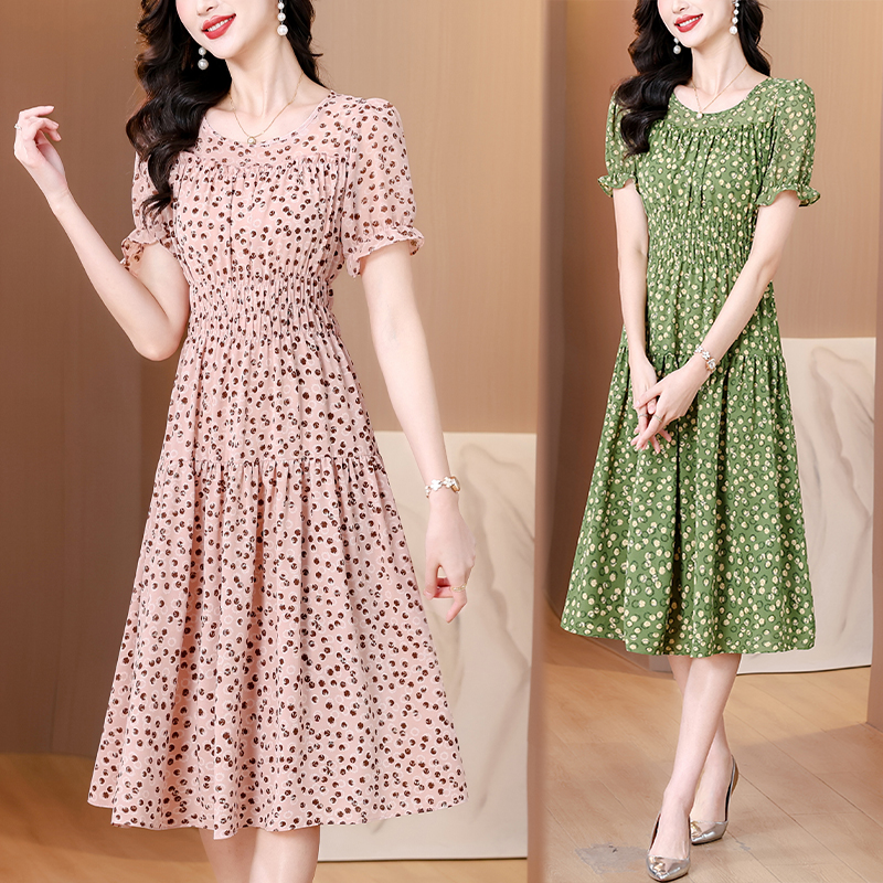 MY9246# 碎花连衣裙夏季新款时尚妈妈装洋气遮肚子收腰气质中长款裙子女裝貨源服裝批發