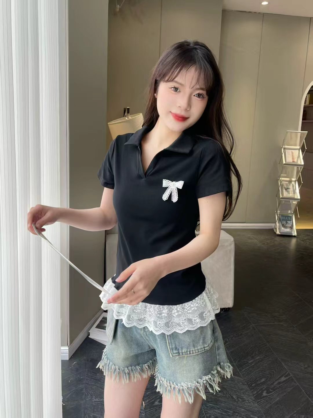 MY5559# 休闲polo领短袖T恤女装夏季蕾丝蝴蝶结体恤胖MM遮肉显瘦上衣女裝貨源服裝批發