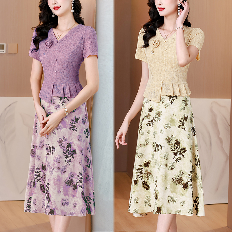 MY9245# 夏装高贵洋气连衣裙夏季女士新款假两件拼接碎花雪纺裙子女裝貨源服裝批發