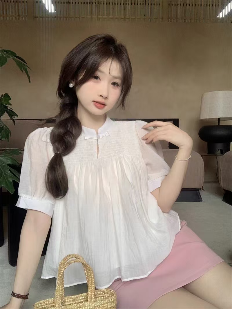 MY8399# 夏季新款雪纺衫宽松衬衫学院风上衣女新中式盘扣小衫女裝貨源服裝批發