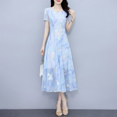 批发重工艺<b class='q'>绣花</b>碎花雪纺短袖<b class='q'>连衣裙</b>2026夏装新款大摆长款气质仙女裙子